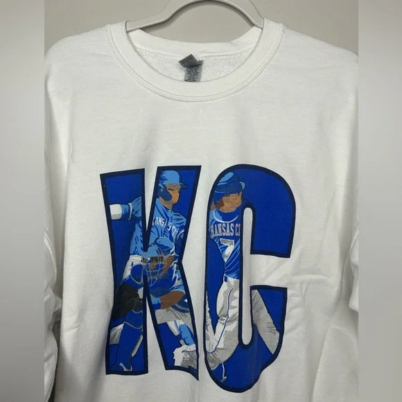 Kansas City Royals KC Crewneck Pullover Sweatshirt White & Blue MLB Baseball XL - Picture 6 of 8